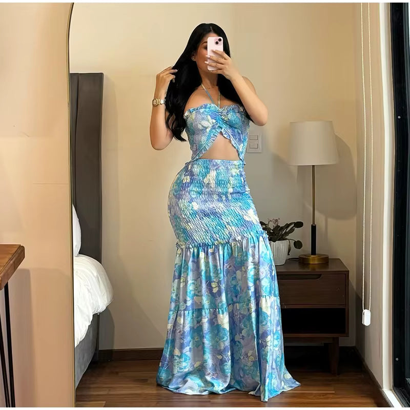 Casual Backless Off Shoulder Patchwork Ruffle Hollow Out Printed Halter Long Maxi Dress