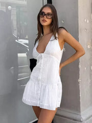 Casual Backless Pleated Sleeveless V-Neck Street Wear Mini Dress