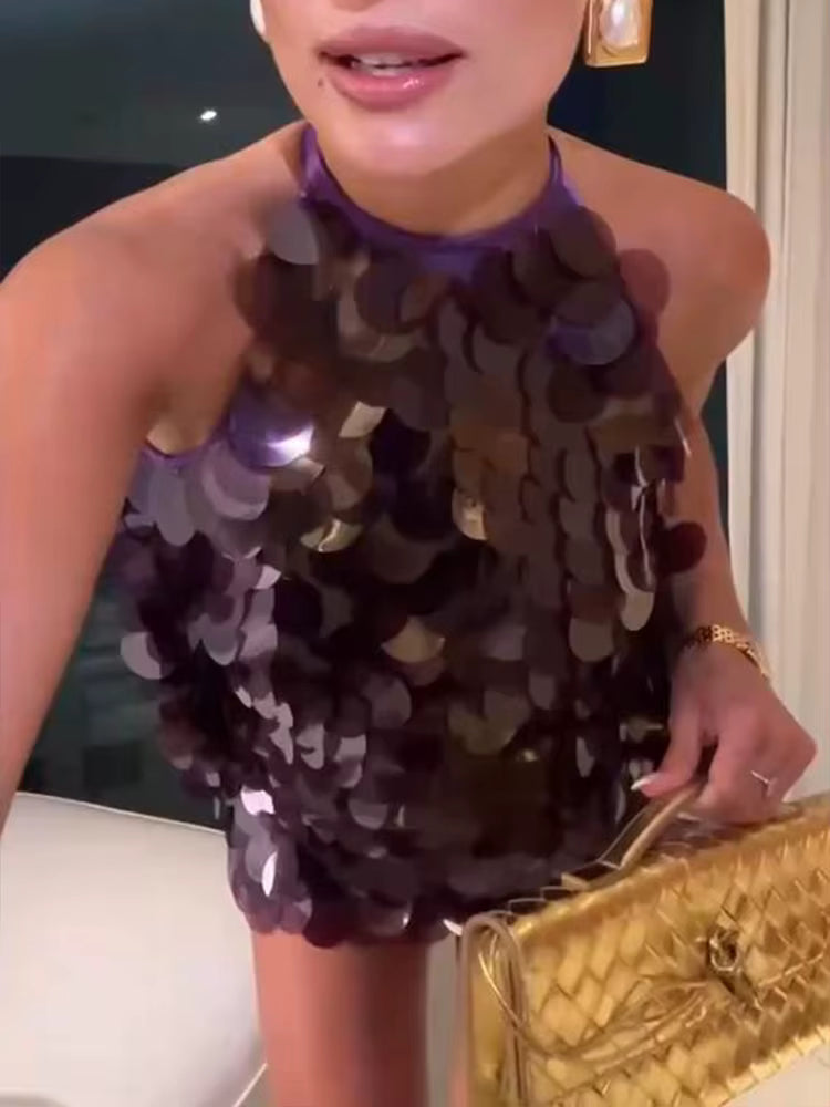 Casual Backless Sequined Halter Loose Neck Hanging Sleeveless Strap Vest Short Mini Dress