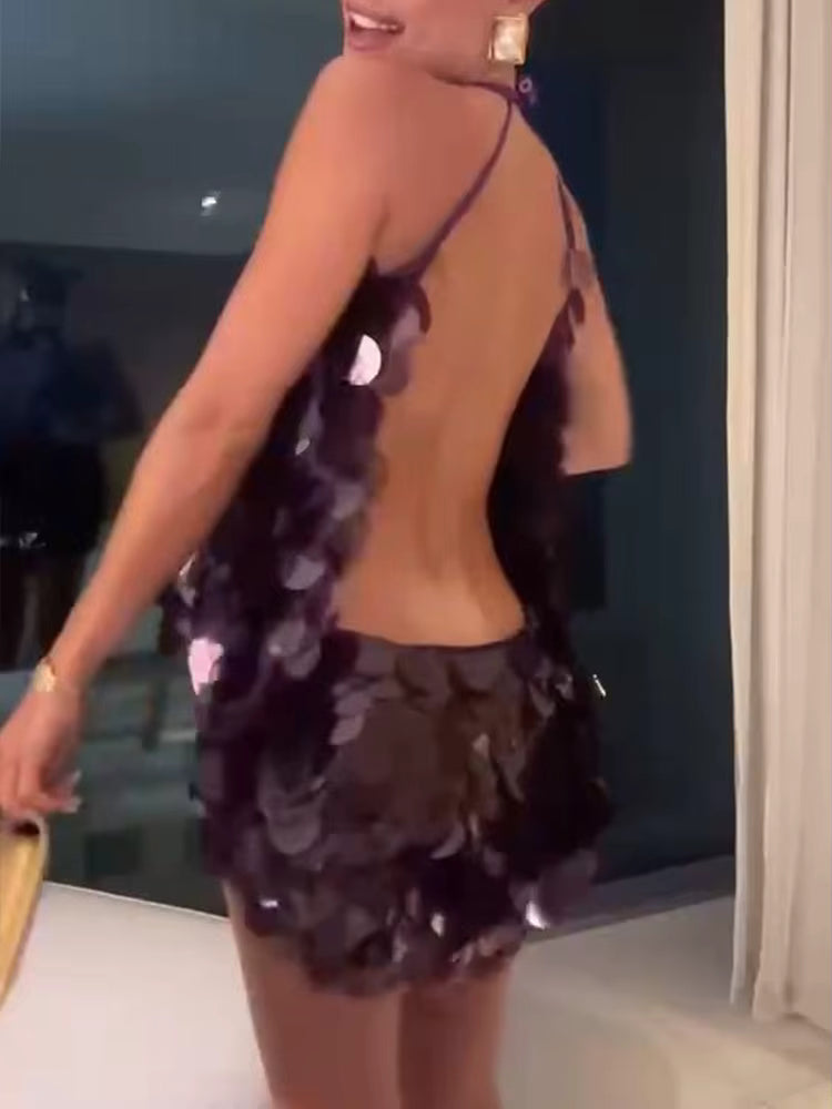 Casual Backless Sequined Halter Loose Neck Hanging Sleeveless Strap Vest Short Mini Dress