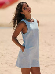 Casual Backless Simple Lines Sleeveless Mini Shift Dress