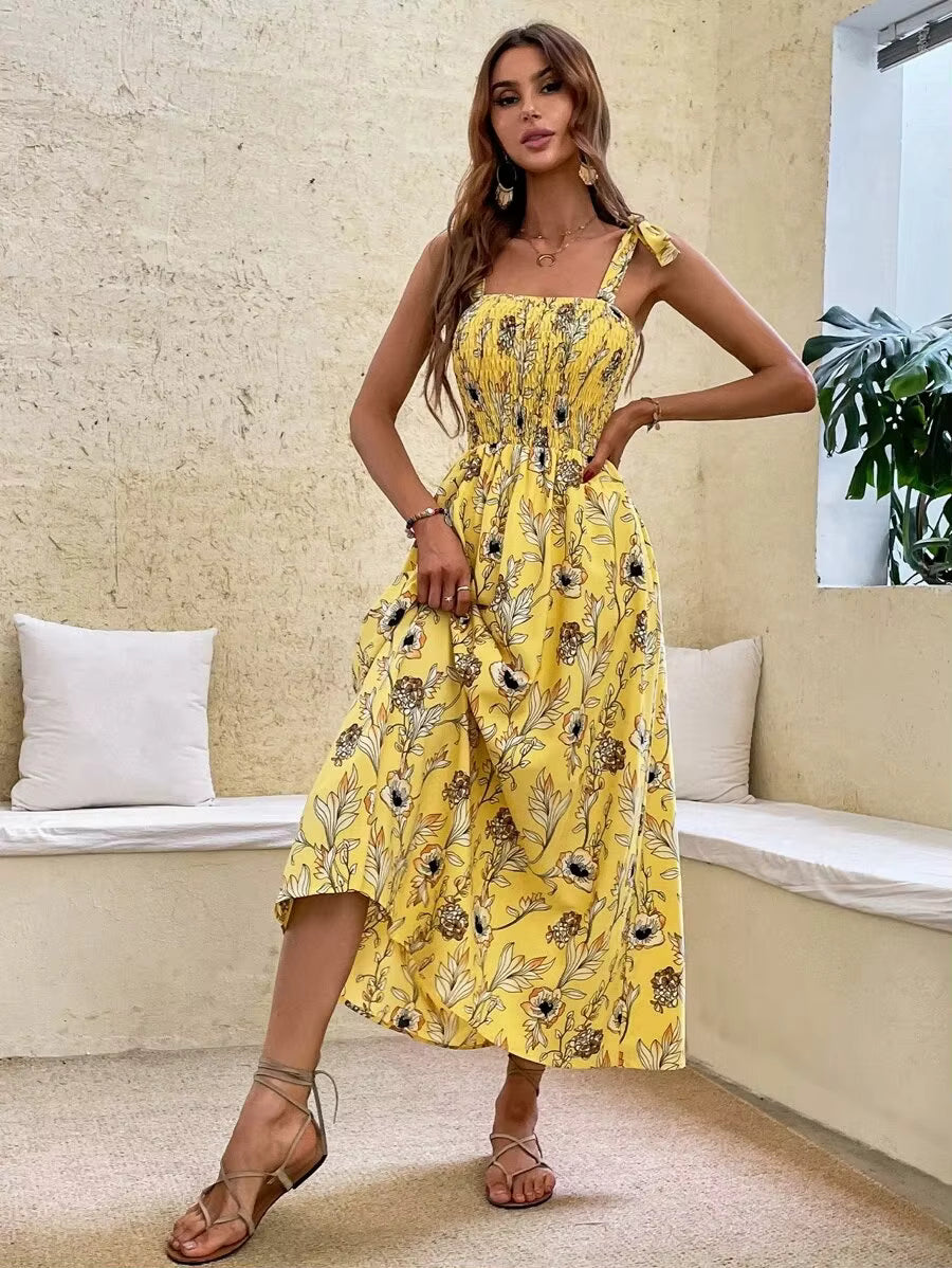 Casual Backless Sleeveless Bandage Beach Sundress Floral Long Maxi Dress