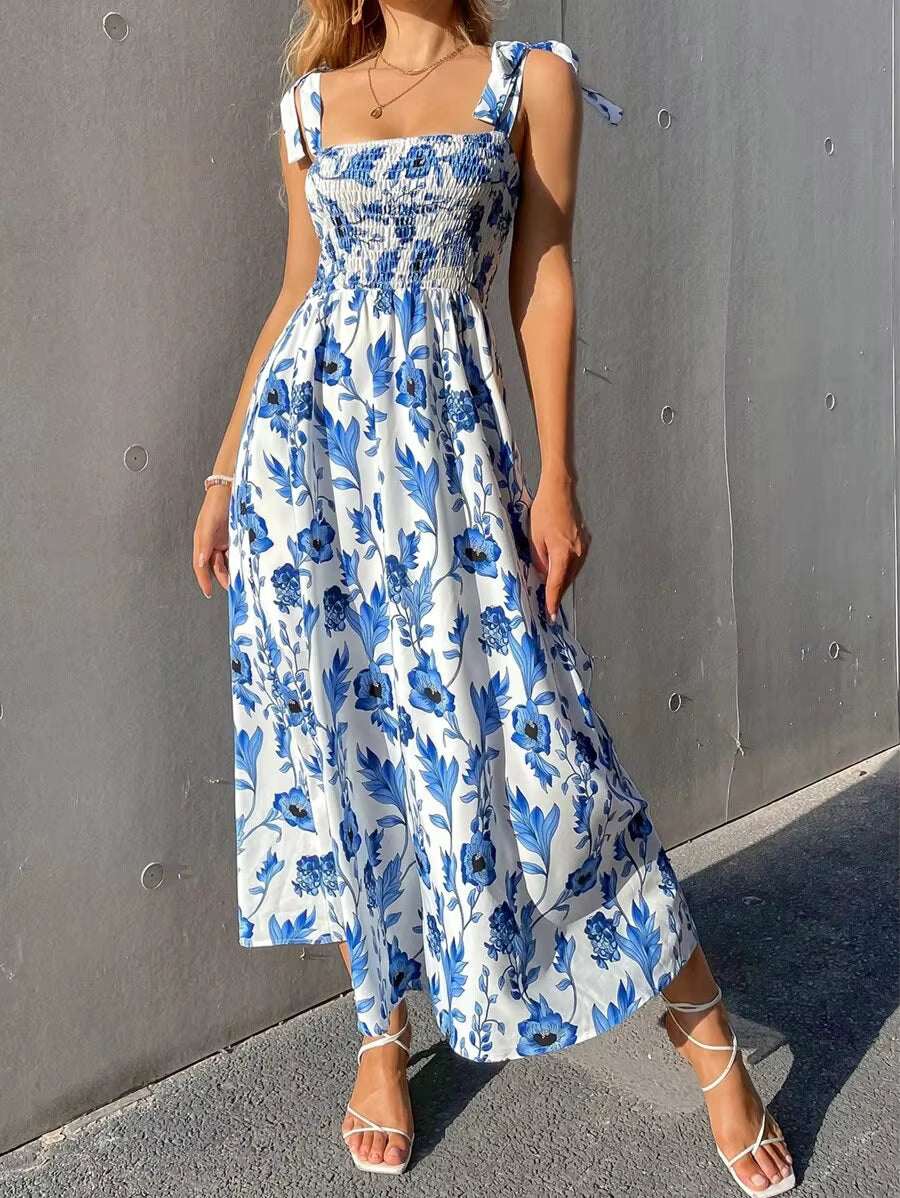 Casual Backless Sleeveless Bandage Beach Sundress Floral Long Maxi Dress