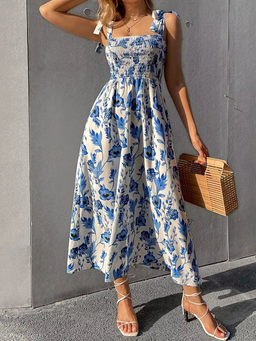Casual Backless Sleeveless Bandage Beach Sundress Floral Long Maxi Dress