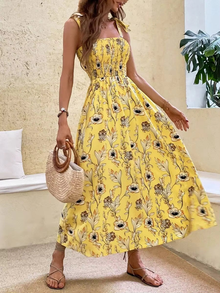 Casual Backless Sleeveless Bandage Beach Sundress Floral Long Maxi Dress