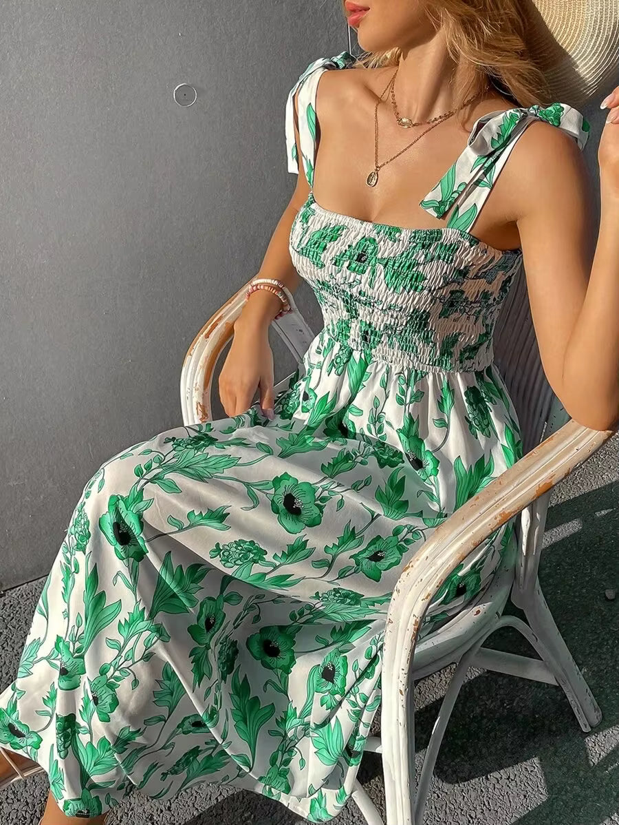 Casual Backless Sleeveless Bandage Beach Sundress Floral Long Maxi Dress