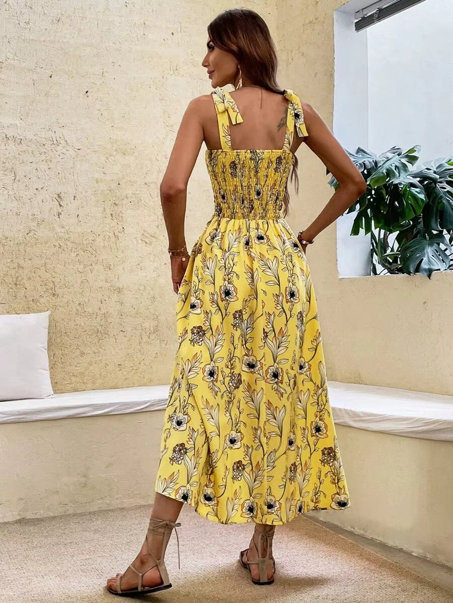 Casual Backless Sleeveless Bandage Beach Sundress Floral Long Maxi Dress