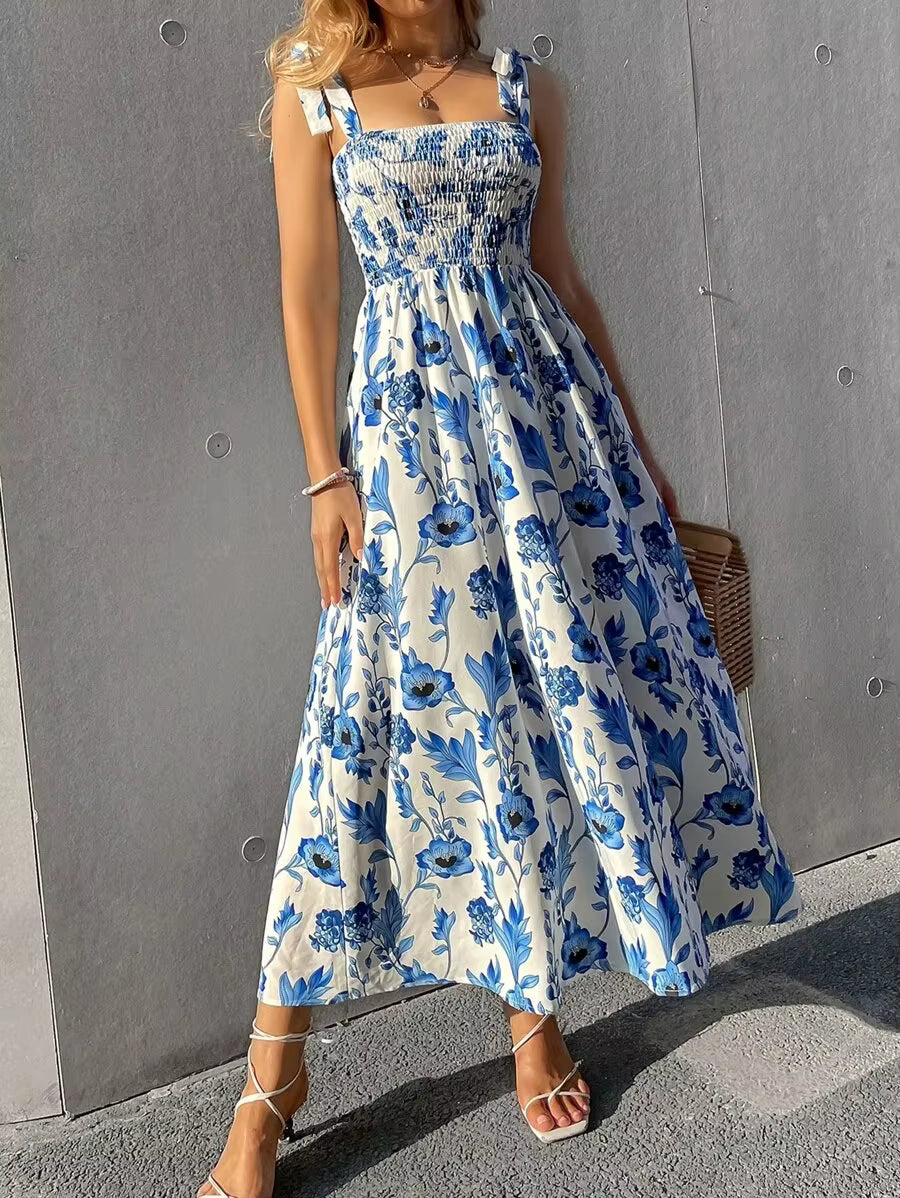Casual Backless Sleeveless Bandage Beach Sundress Floral Long Maxi Dress