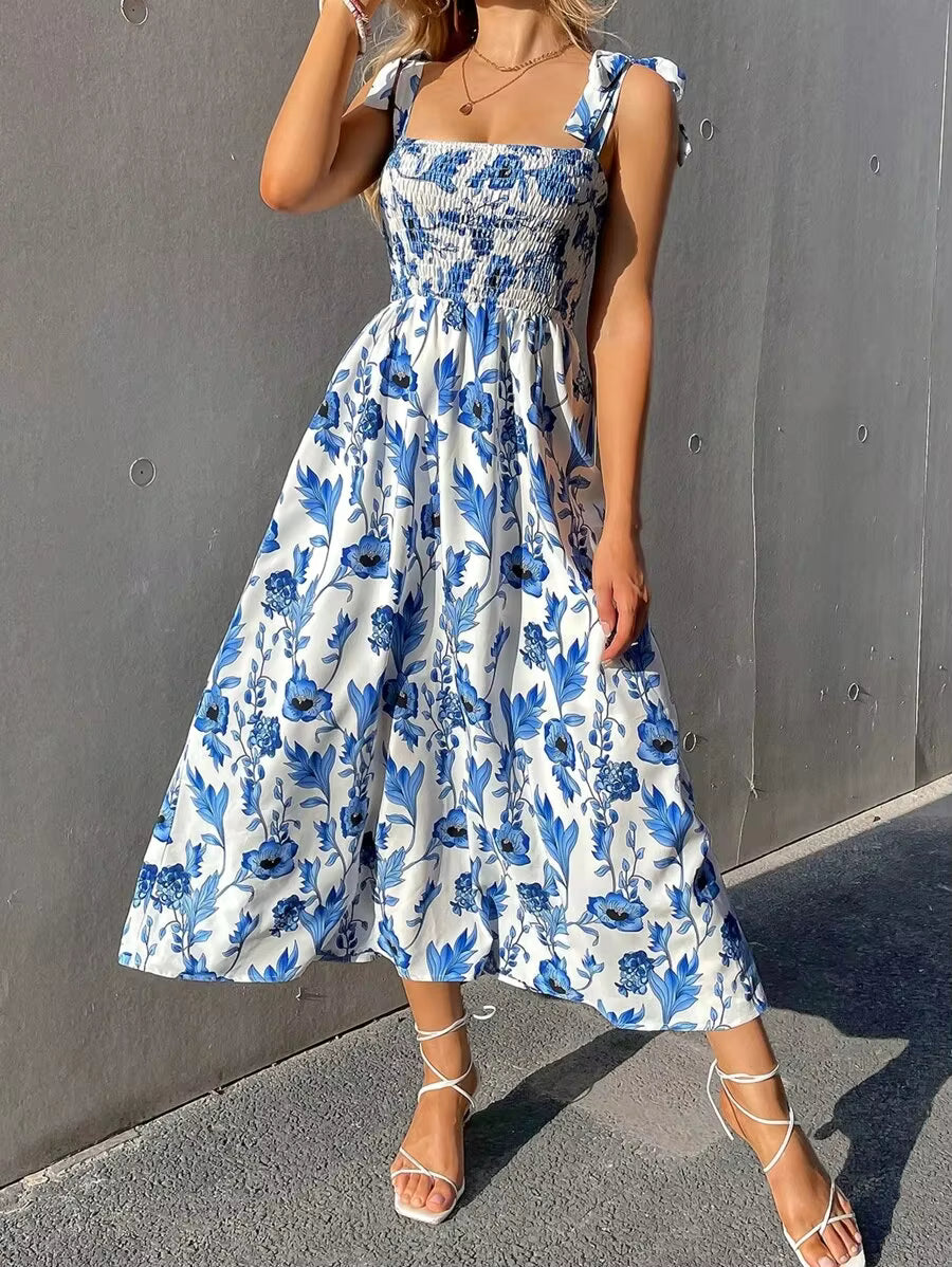 Casual Backless Sleeveless Bandage Beach Sundress Floral Long Maxi Dress