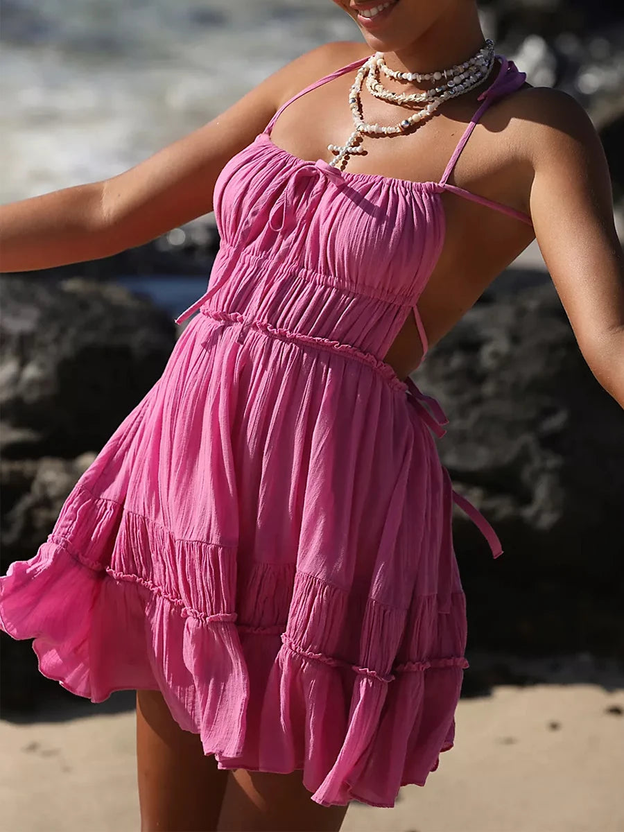 Casual Backless Solid Color Sleeveless Ruffled Cocktail Beach Club Streetwear Party Dress