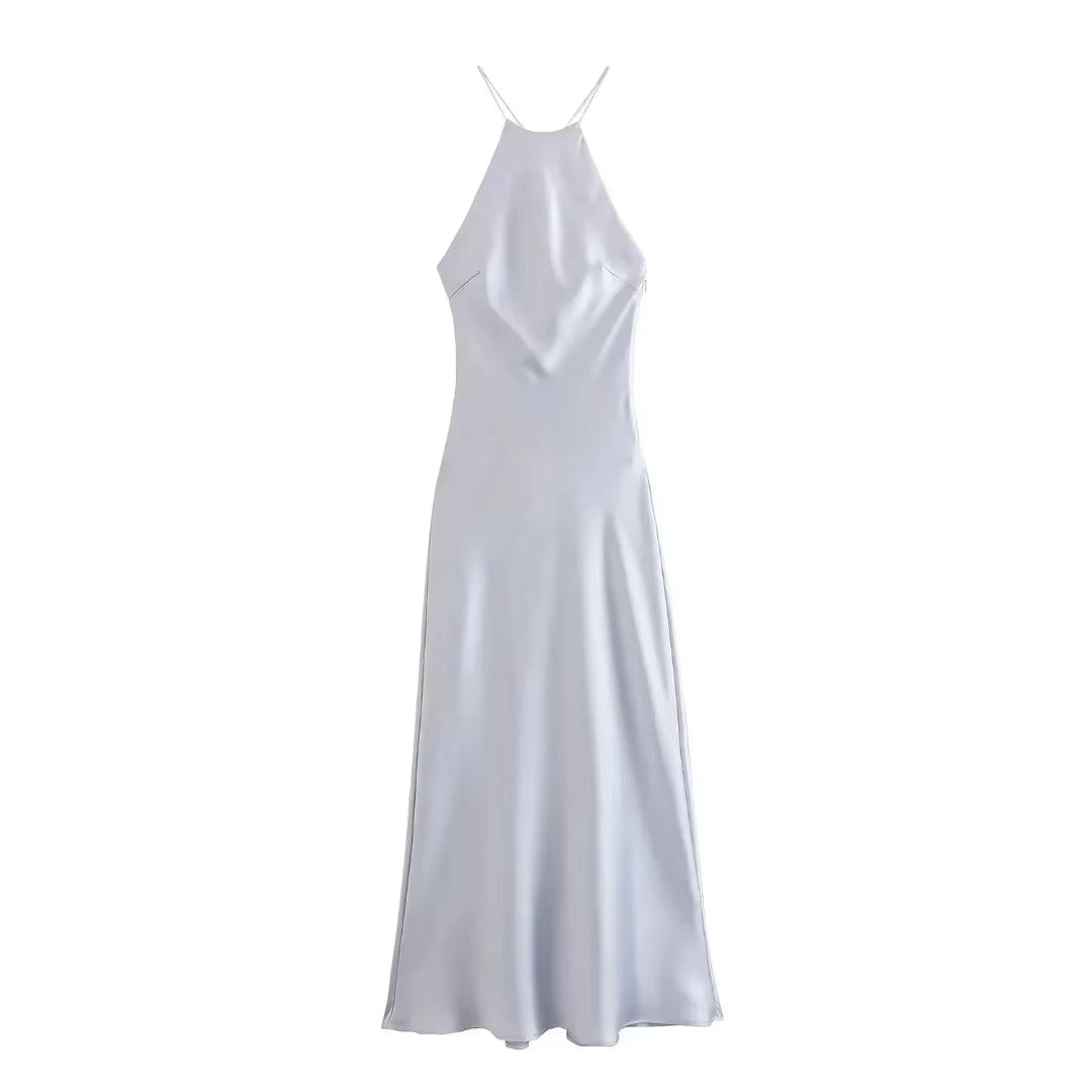 Casual Backless Solid Satin Sleeveless Halter Neck Slim Evening Party Maxi Dress 