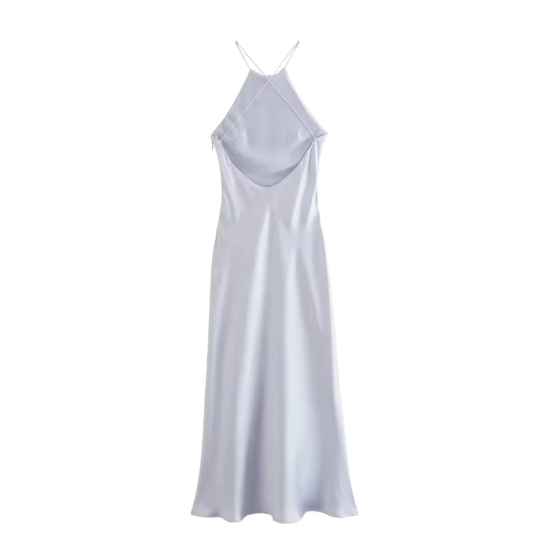 Casual Backless Solid Satin Sleeveless Halter Neck Slim Evening Party Maxi Dress 