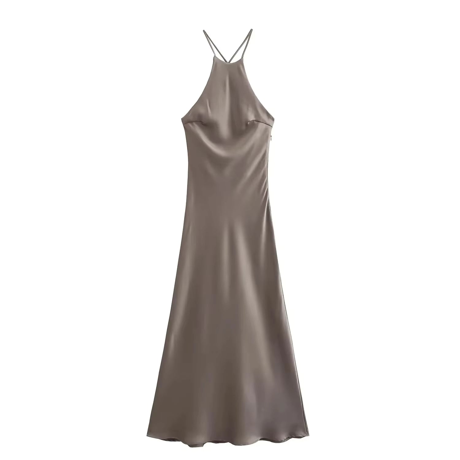 Casual Backless Solid Satin Sleeveless Halter Neck Slim Evening Party Maxi Dress 