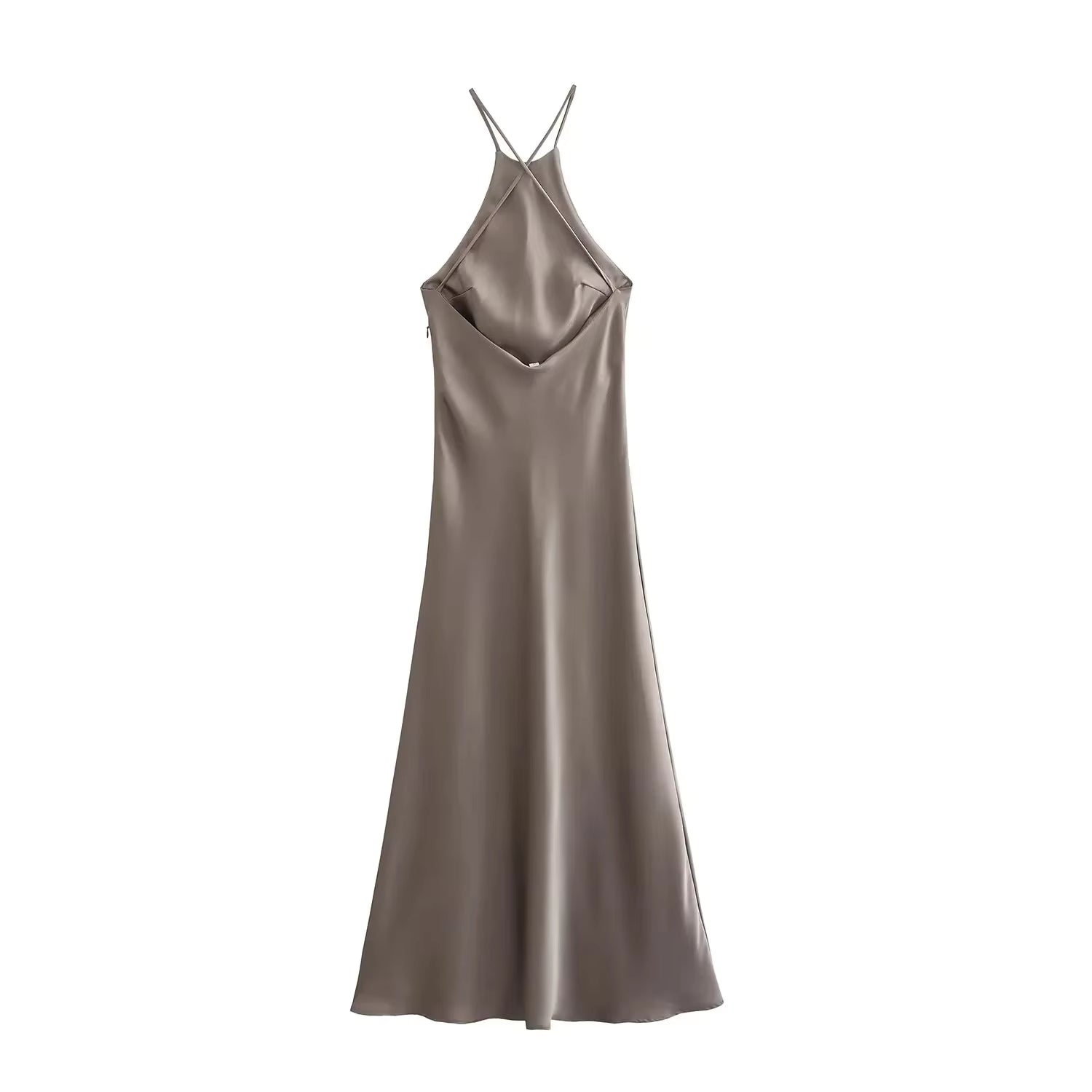 Casual Backless Solid Satin Sleeveless Halter Neck Slim Evening Party Maxi Dress 