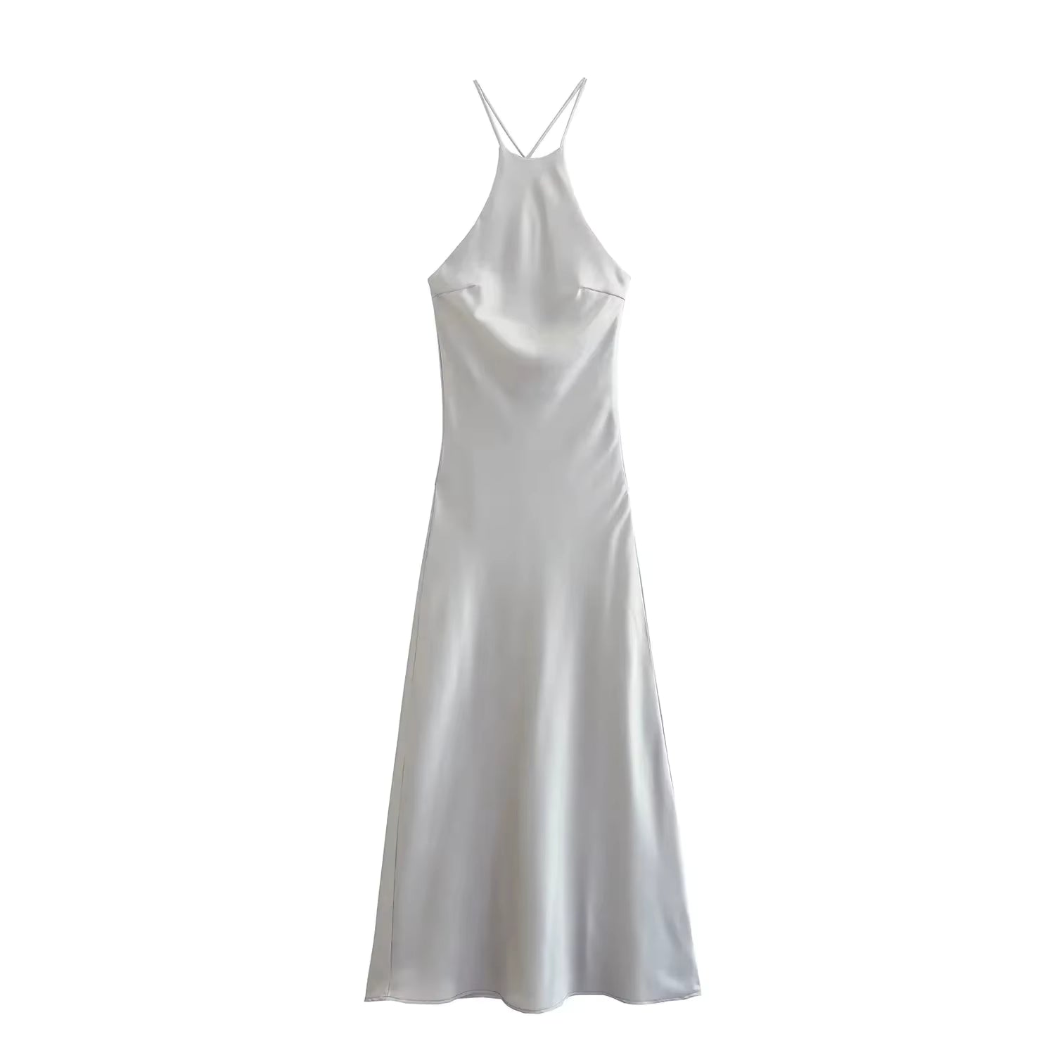 Casual Backless Solid Satin Sleeveless Halter Neck Slim Evening Party Maxi Dress 