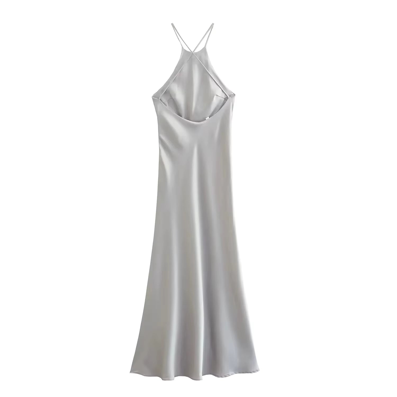 Casual Backless Solid Satin Sleeveless Halter Neck Slim Evening Party Maxi Dress 