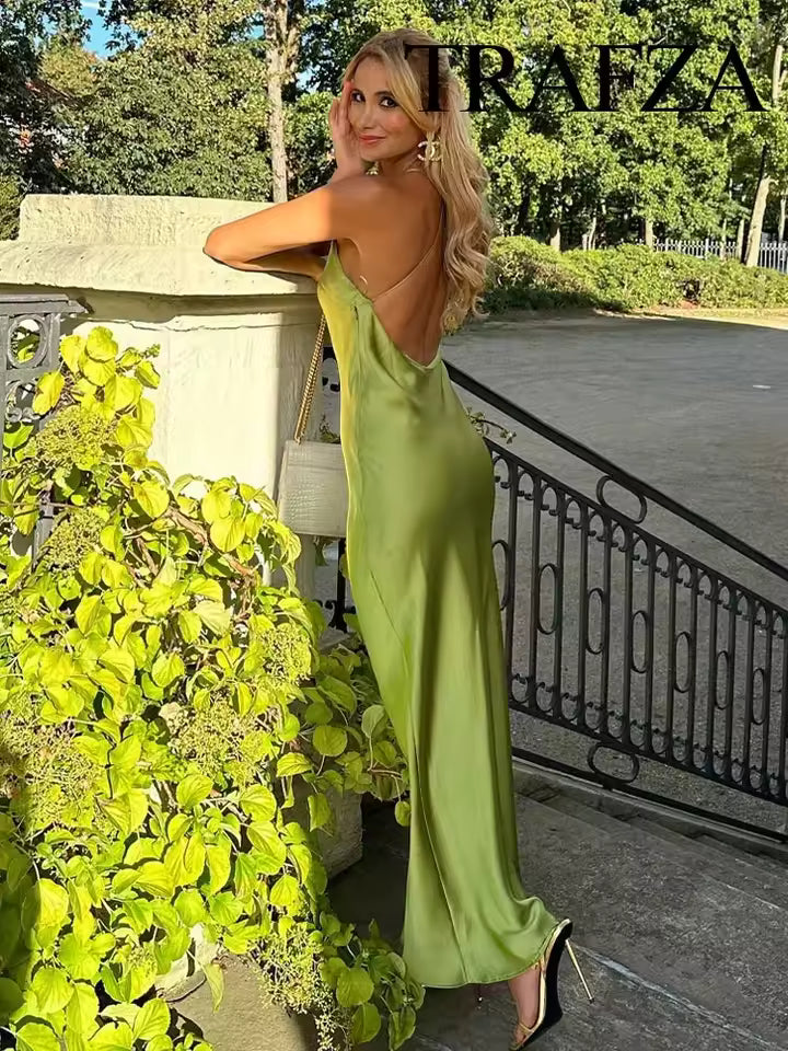 Casual Backless Solid Satin Sleeveless Halter Neck Slim Evening Party Maxi Dress 