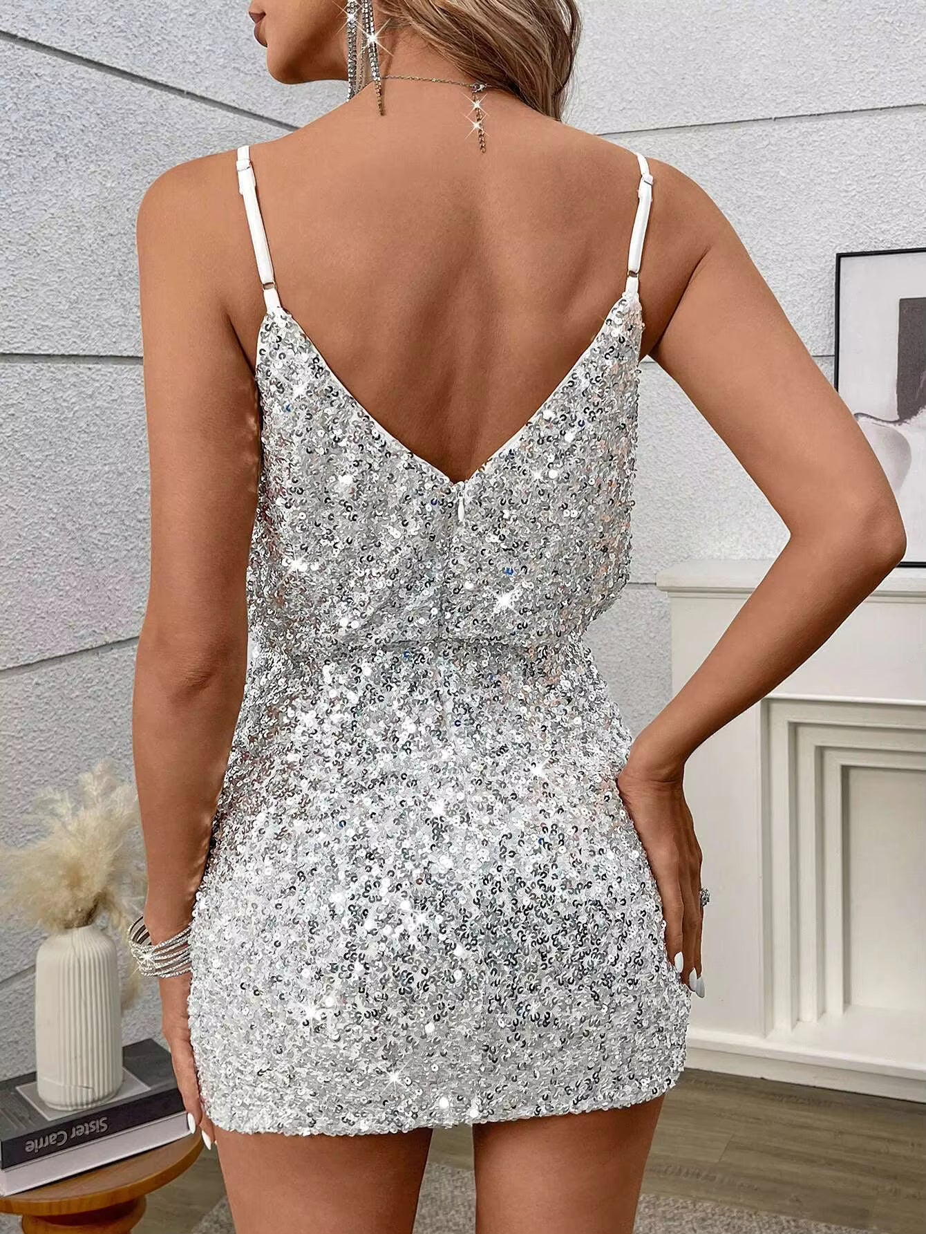 Casual Backless Spaghetti Strap Sequin Slip Bodycon Short Mini Dresses