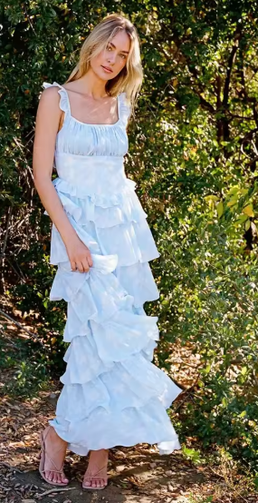 Casual Backless Spaghetti Strap Square Collar Sleeveless Ruffled Maxi Dress