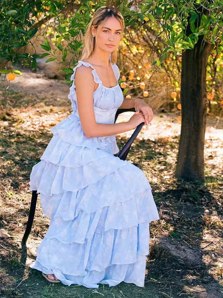 Casual Backless Spaghetti Strap Square Collar Sleeveless Ruffled Maxi Dress
