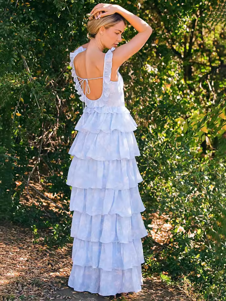 Casual Backless Spaghetti Strap Square Collar Sleeveless Ruffled Maxi Dress
