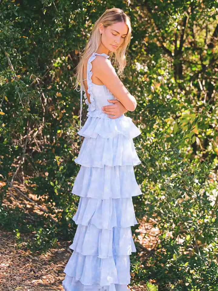 Casual Backless Spaghetti Strap Square Collar Sleeveless Ruffled Maxi Dress