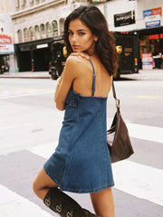 Casual Backless Spaghetti Straps Denim Cut-Out Street Wear Mini Slip Dress