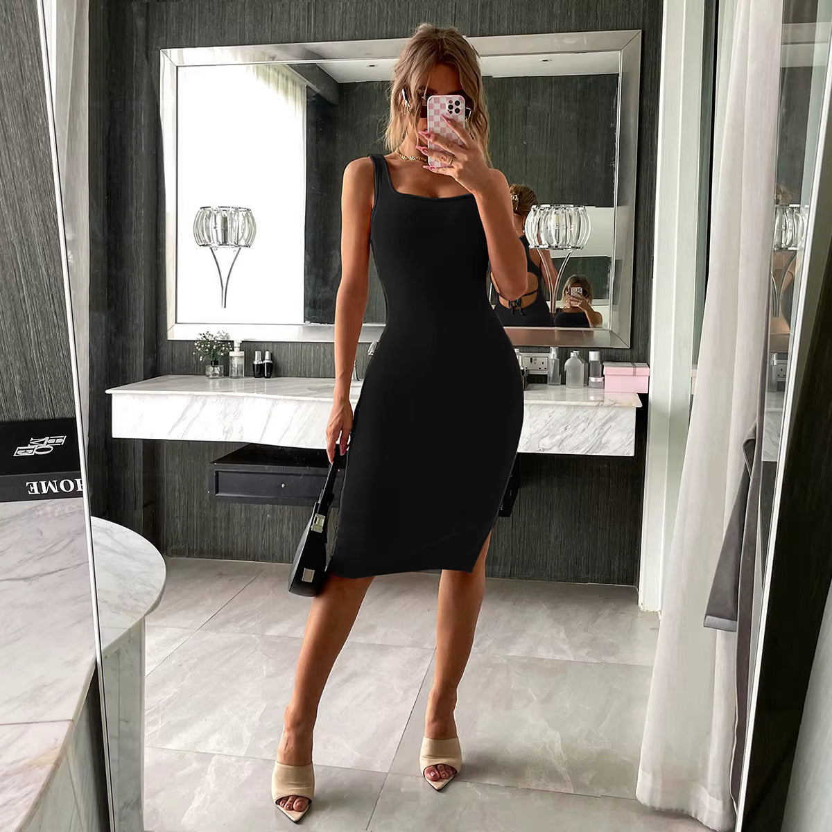 Casual Bag Buttock Backless Sleeveless Slit Slim Square Collar Knee Length Dress