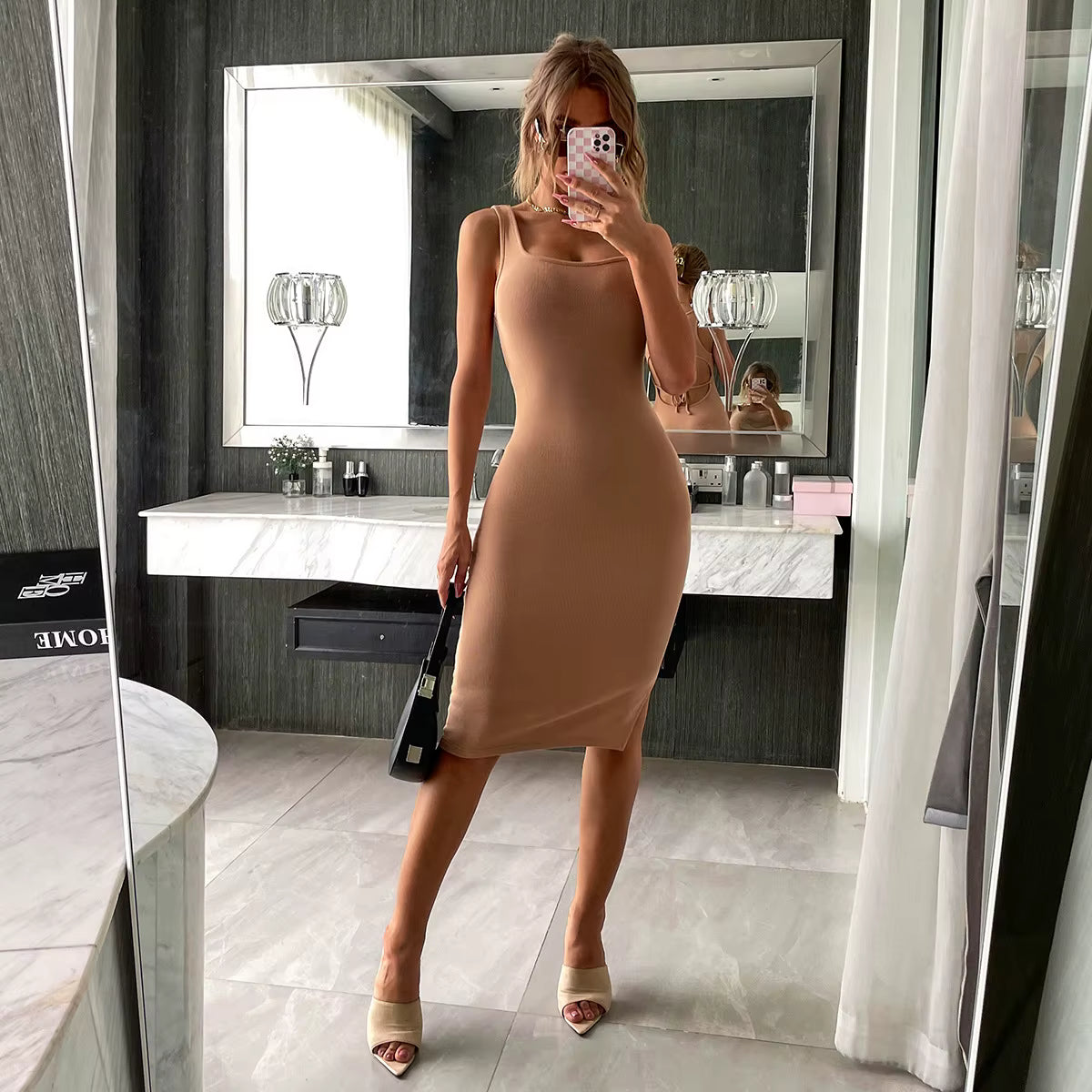 Casual Bag Buttock Backless Sleeveless Slit Slim Square Collar Knee Length Dress