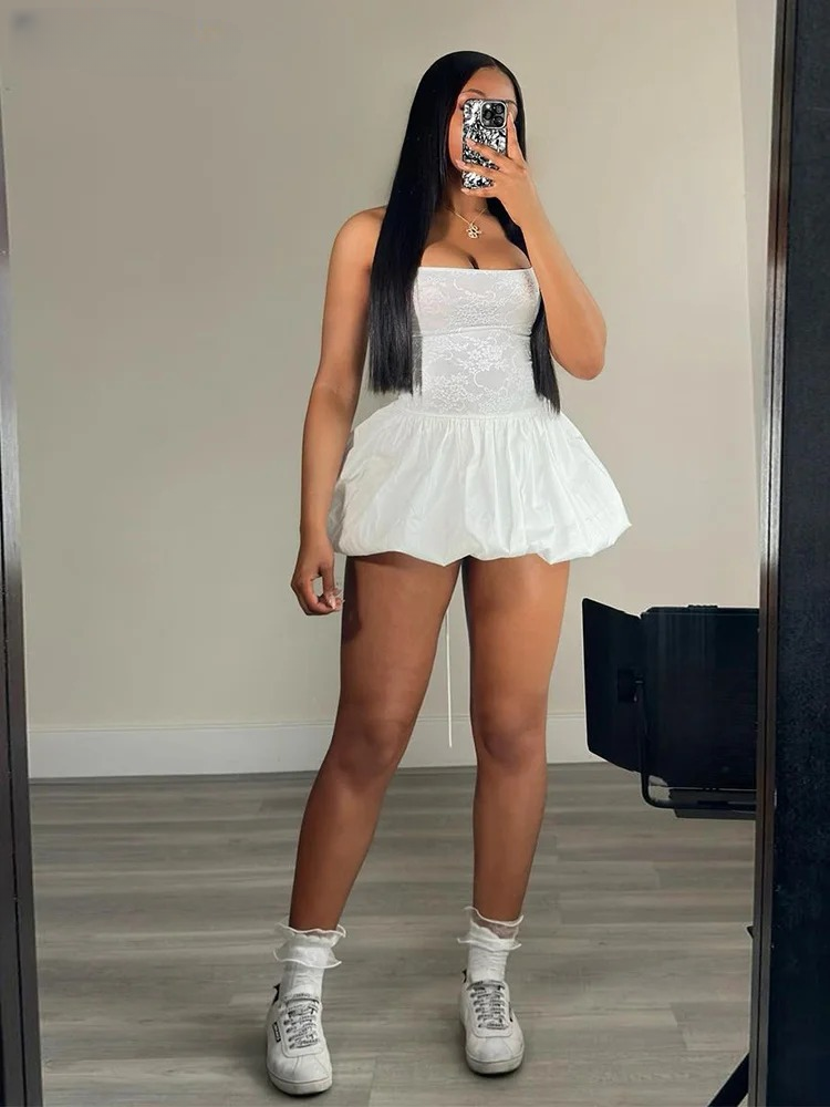 Casual Bandage Backless Lace Patchwork Stretch Puffy Mini Dress