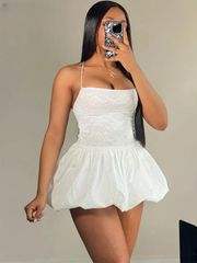 Casual Bandage Backless Lace Patchwork Stretch Puffy Mini Dress
