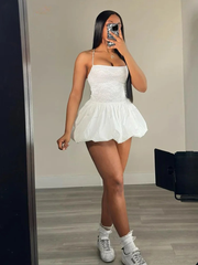 Casual Bandage Backless Lace Patchwork Stretch Puffy Mini Dress