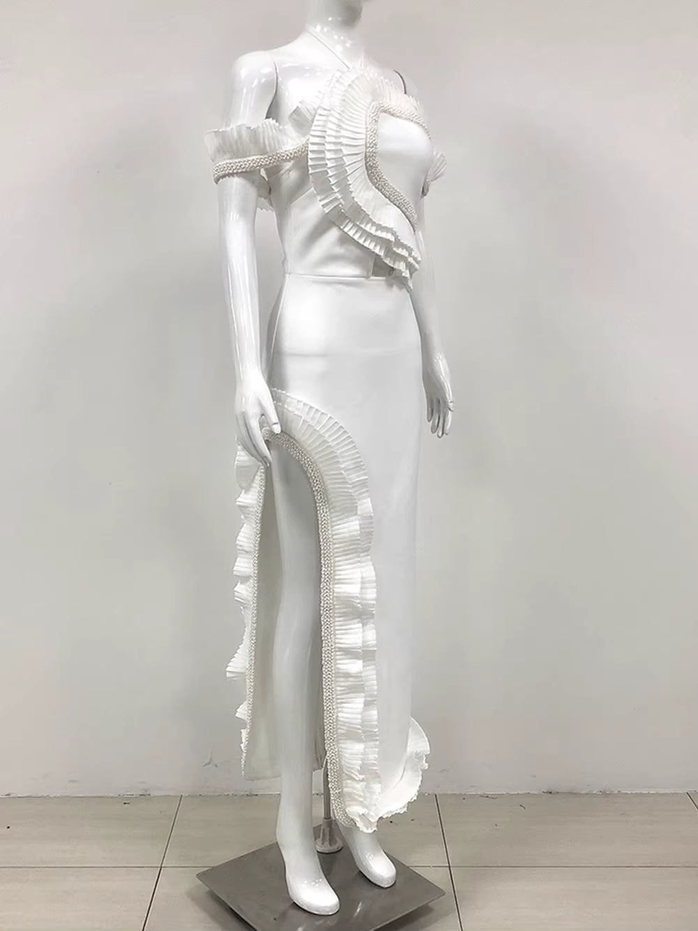Casual Bareback Beaded Ruffle Ankle-Length Tight Bandage Long Dress