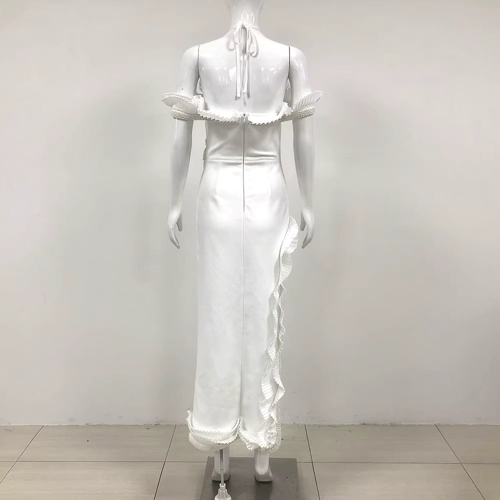 Casual Bareback Beaded Ruffle Ankle-Length Tight Bandage Long Dress
