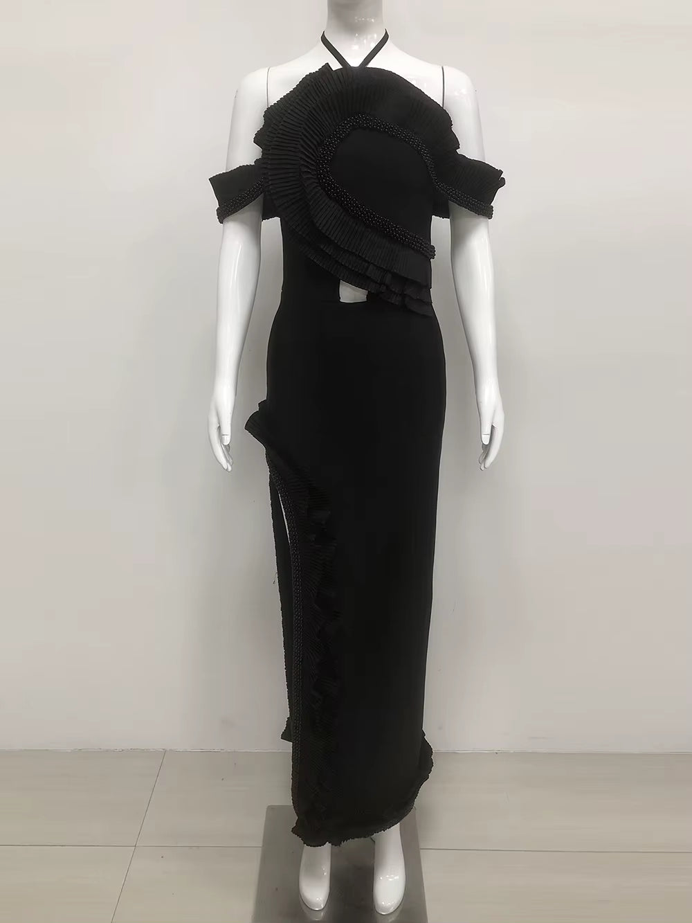 Casual Bareback Beaded Ruffle Ankle-Length Tight Bandage Long Dress