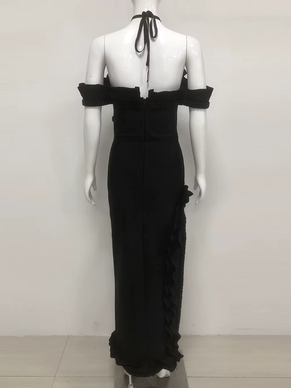 Casual Bareback Beaded Ruffle Ankle-Length Tight Bandage Long Dress