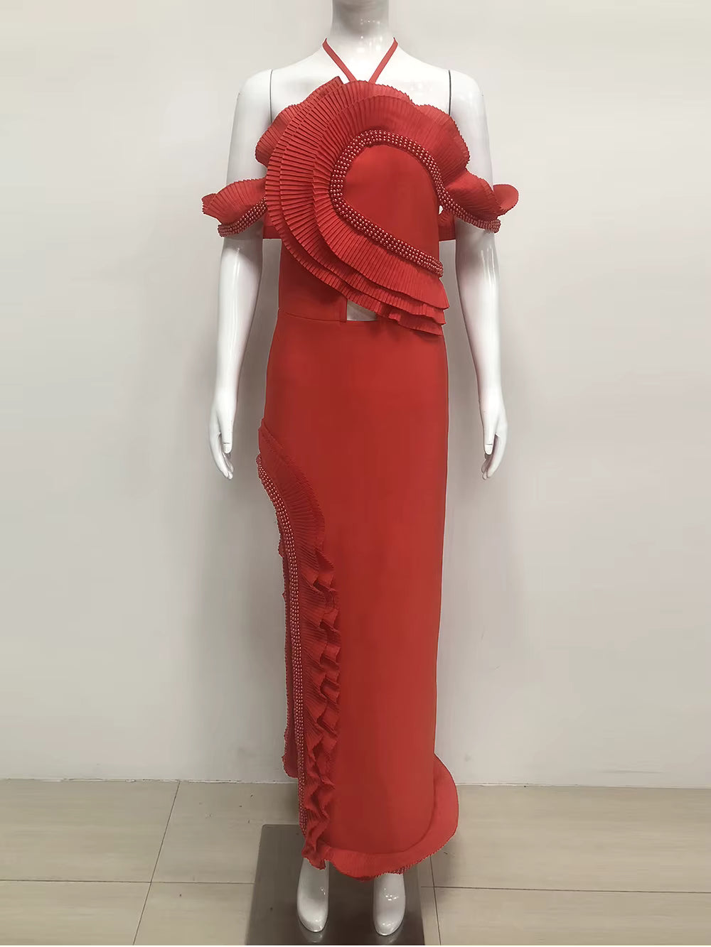 Casual Bareback Beaded Ruffle Ankle-Length Tight Bandage Long Dress