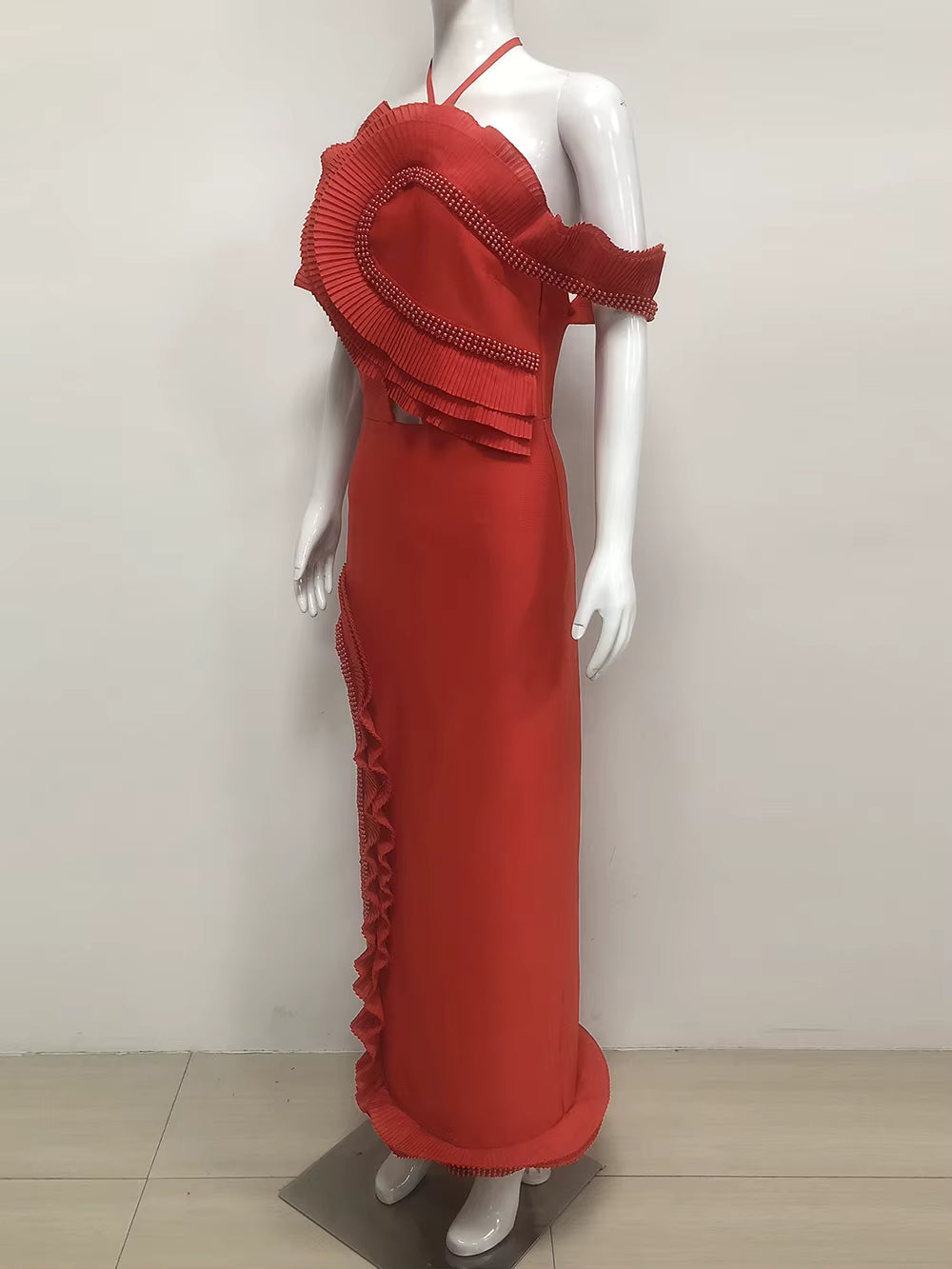 Casual Bareback Beaded Ruffle Ankle-Length Tight Bandage Long Dress