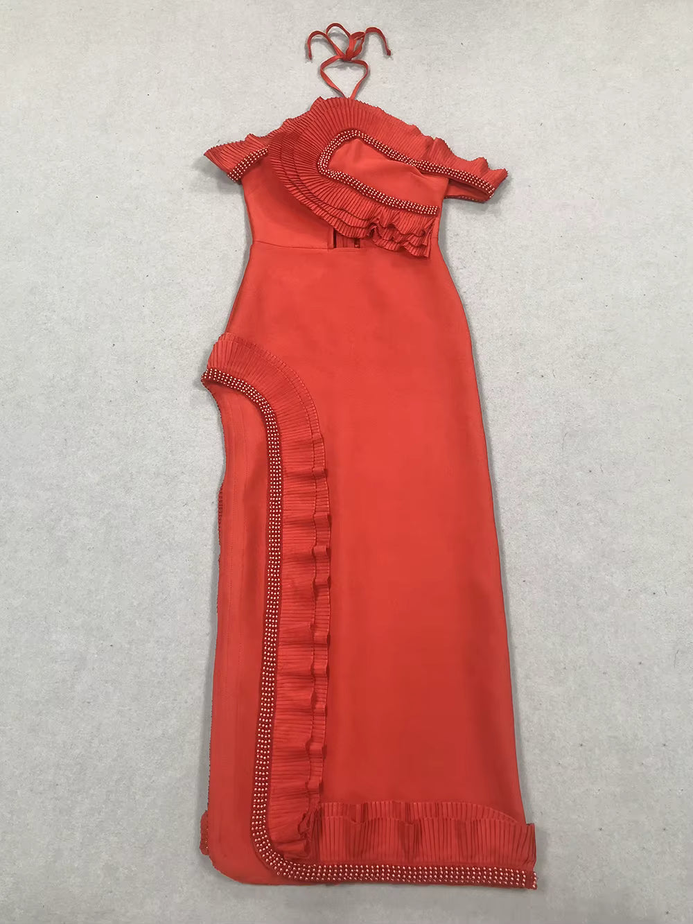 Casual Bareback Beaded Ruffle Ankle-Length Tight Bandage Long Dress