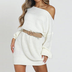 Casual Basic Solid Color Long Lantern Sleeve Knitted Dress