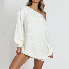 Casual Basic Solid Color Long Lantern Sleeve Knitted Dress