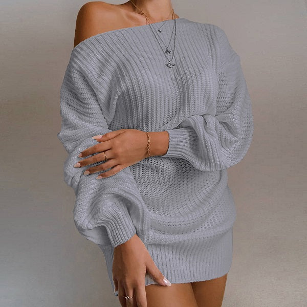Casual Basic Solid Color Long Lantern Sleeve Knitted Dress