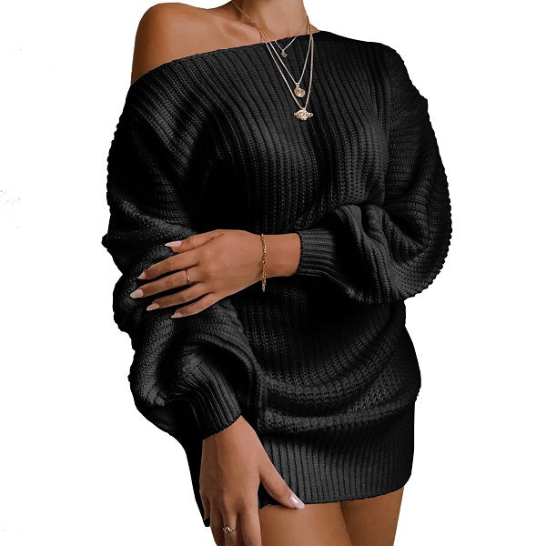 Casual Basic Solid Color Long Lantern Sleeve Knitted Dress