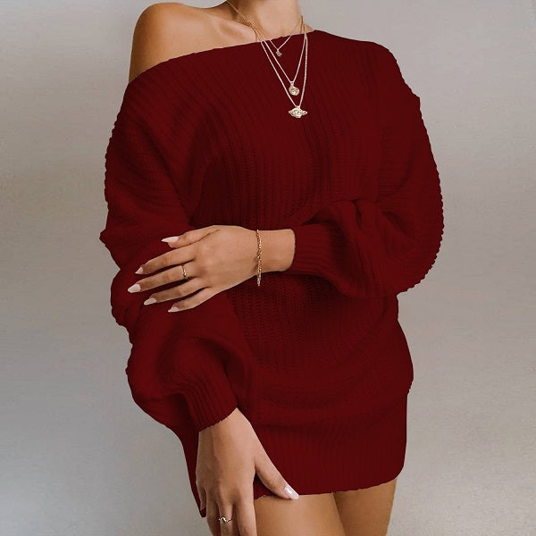 Casual Basic Solid Color Long Lantern Sleeve Knitted Dress
