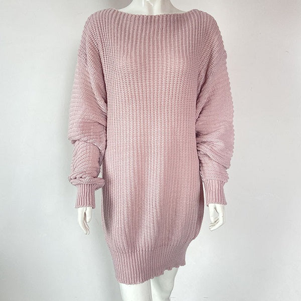 Casual Basic Solid Color Long Lantern Sleeve Knitted Dress