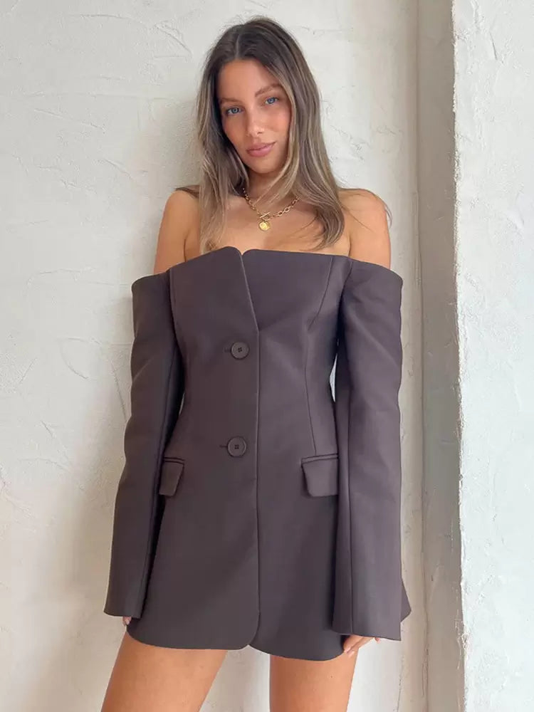 Casual Bateau Neck Backless Buttons Long Sleeves Daily Mini Blazer Dresses
