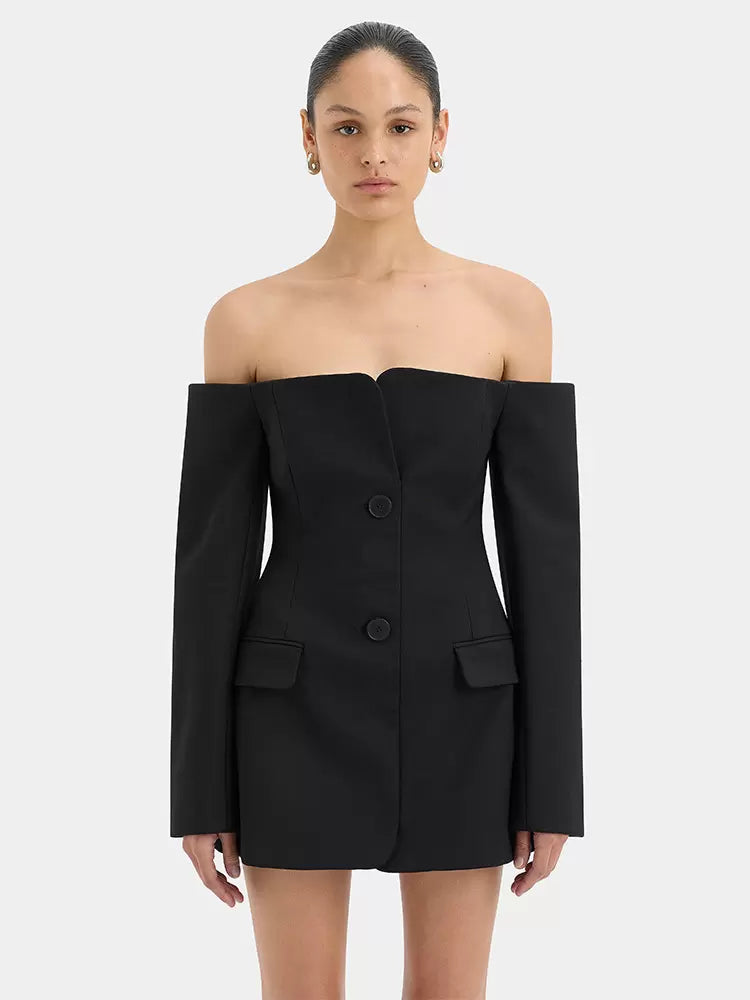 Casual Bateau Neck Backless Buttons Long Sleeves Daily Mini Blazer Dresses