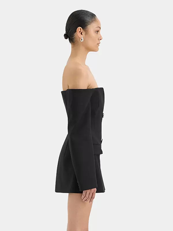 Casual Bateau Neck Backless Buttons Long Sleeves Daily Mini Blazer Dresses