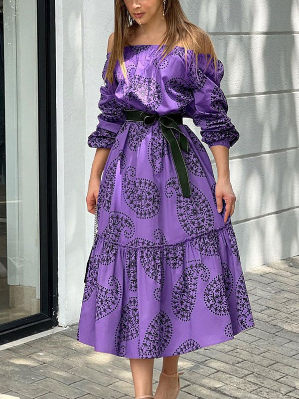 Casual Bateau Neck Long Sleeves Midi Dress