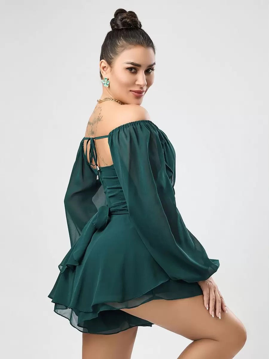 Casual Bateau Neck Pleated Layered Chiffon Mini Dress